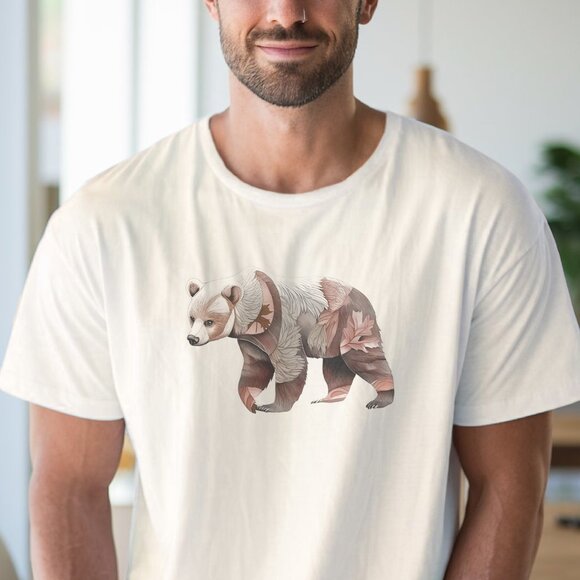 Bear Graphic Shirt Earth Tone Forest Animal Leaf Art Boho Style Fall Shirt - Picture 4 of 6